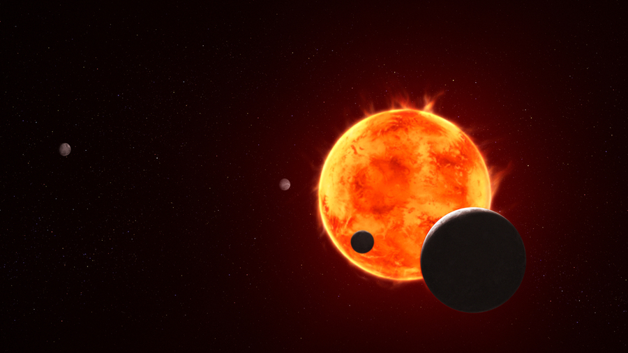 Illustration of glowing orange-red star with black exoplanet in orbital transit against starfield.