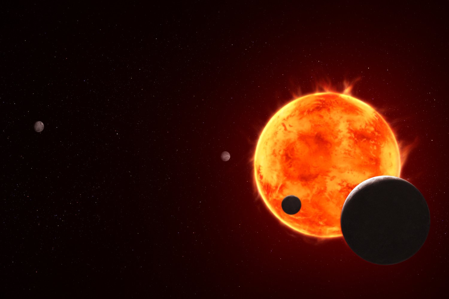 Illustration of glowing orange-red star with black exoplanet in orbital transit against starfield.