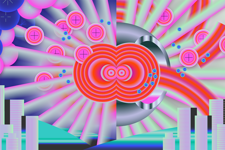 Abstract digital illustration with neon pink concentric circles and radiating geometric shapes above a pastel cityscape silhouette.
