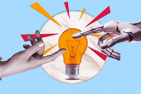 An illustration of a human hand and a robotic hand reaching toward each other in front of an orange light bulb, set against a blue background. Red and orange rays emanate from the bulb.