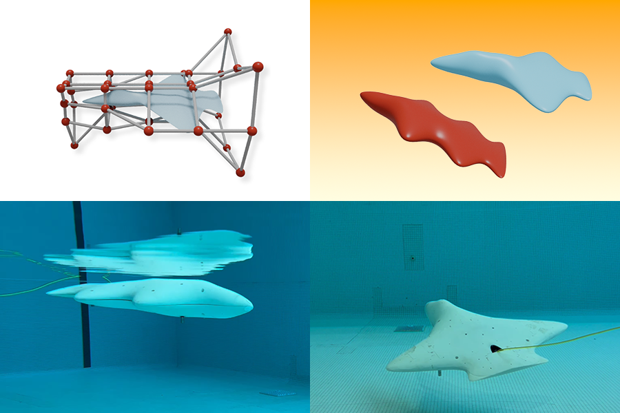Four-panel composite showing the AI-optimized design process for an underwater glider, from a wireframe mesh model and two 3D rendered hull shapes to underwater pool testing of the final white manta ray-inspired vehicle.