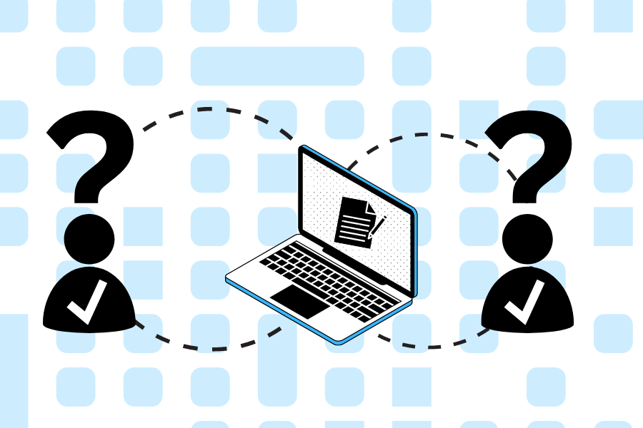 An illustration showing two user icons with question marks connected by dashed lines to a laptop displaying a document, set against a light blue grid background.