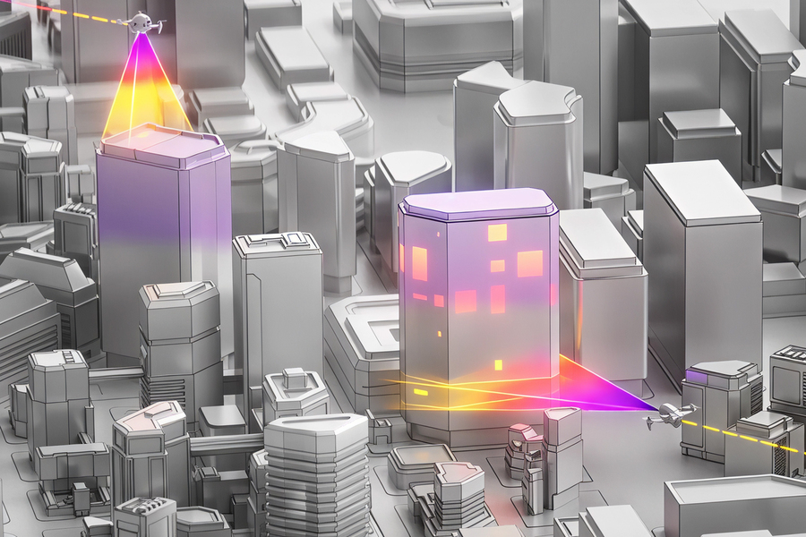 3D illustration of a gray-scale urban cityscape with two drones scanning glowing buildings using colored laser beams to detect structural or energy data.