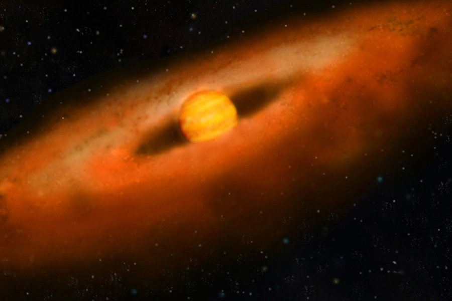 Artistic rendering of a large gas giant planet embedded in a swirling orange and red protoplanetary dust disk against a starfield background.