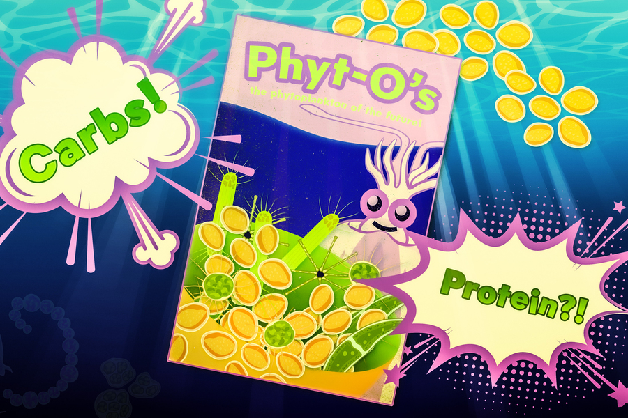 Playful illustrated parody of a cereal box called "Phyt-O's" featuring cartoon phytoplankton organisms, with comic-style speech bubbles labeled "Carbs!" and "Protein?!" against an underwater background.