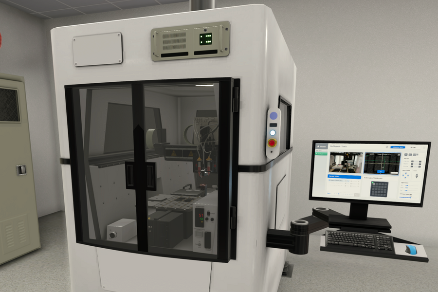 3D rendering of a white laboratory instrument with a glass-fronted enclosure containing precision equipment, alongside a desktop computer monitor displaying a control interface.