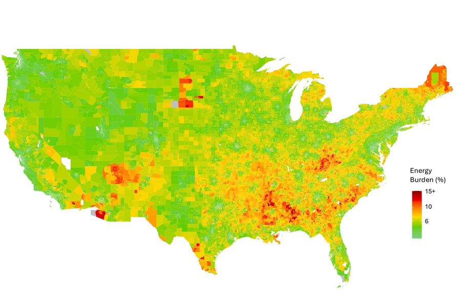 A color-coded map of the United States showing energy burden by county, with a gradient from green (lower burden) to red (15% or higher), concentrated heavily in the Southeast.