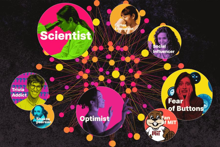 Illustrated network diagram connecting circular portraits of people labeled with personality traits such as Scientist, Optimist, Coffee Enthusiast, and Fear of Buttons, linked by colorful nodes against a dark background.