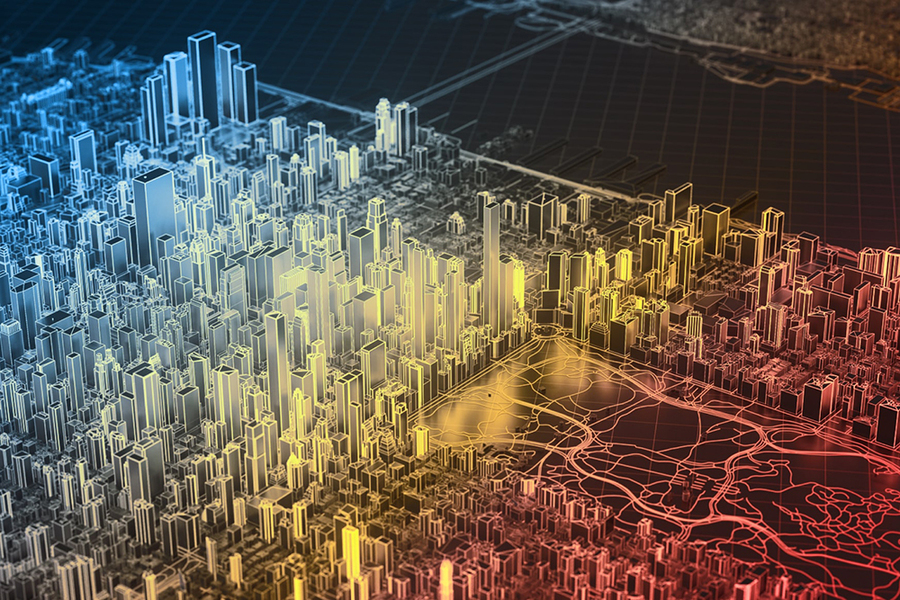Digital illustration of a city skyline rendered as a glowing wireframe model transitioning from cool blue on the left to warm red and yellow tones on the right, representing AI-driven smart grid energy mapping.