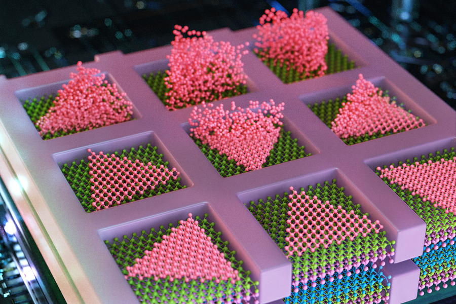 Scientific illustration of a nanoscale semiconductor chip surface showing ordered green atomic lattice arrays with pink nanostructures growing in pyramid and irregular formations across a segmented grid.