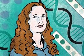 Illustration of woman with long brown curly hair against turquoise background featuring DNA helix and scientific motifs.