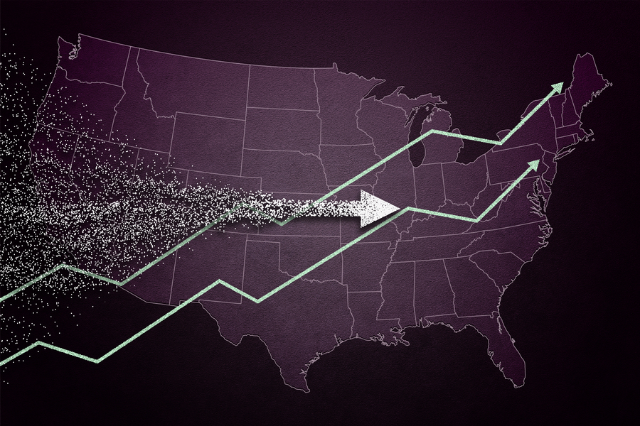 Illustration of a US map overlaid with upward-trending green line graphs and a white arrow pointing eastward, set against a dark purple background.