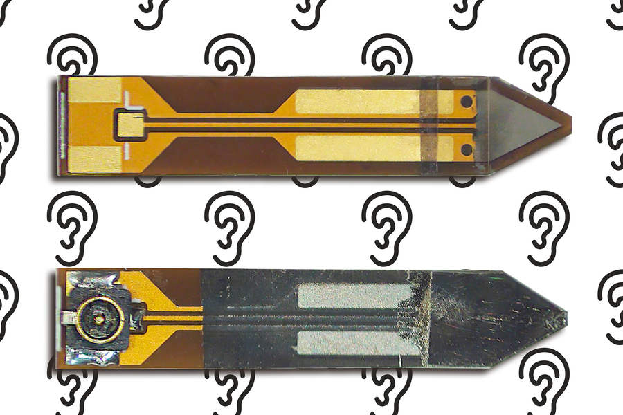Front and back views of two thin, arrow-shaped flexible circuit boards for an implantable microphone device, displayed against a white background patterned with line-drawn ear icons.