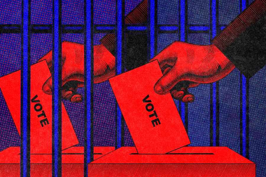 An illustration of hands reaching through blue prison bars to deposit red ballots labeled "VOTE" into a ballot box.