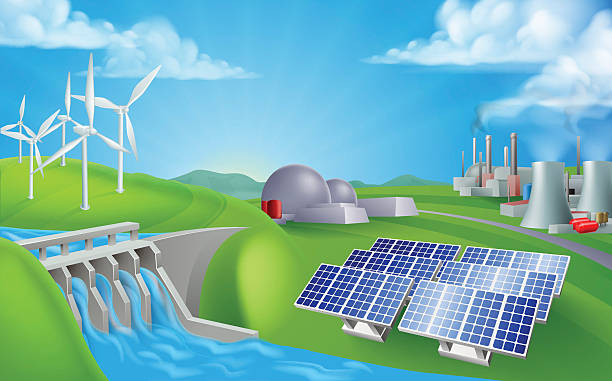 Illustrated diagram of a clean energy landscape featuring wind turbines, a hydroelectric dam, solar panels, a nuclear power plant, and a fossil fuel facility side by side under a blue sky.