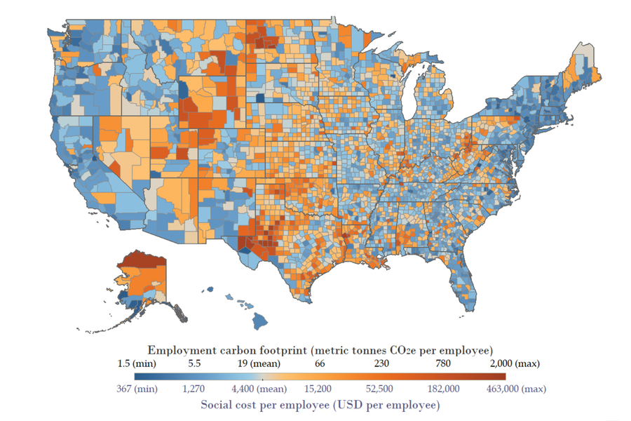 County-level map of the United States showing employment carbon footprint and social cost per employee, with orange indicating high-emissions fossil fuel jobs and blue indicating lower-carbon employment.