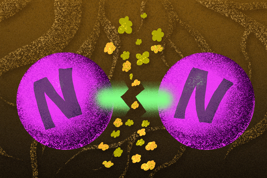 An illustration of two purple spheres labeled "N" connected by a glowing green bond, with small yellow clusters dispersing around them against a dark textured background.