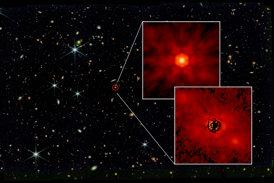 James Webb Space Telescope deep field image with an inset showing two zoomed views of a distant red stellar object circled in the main frame