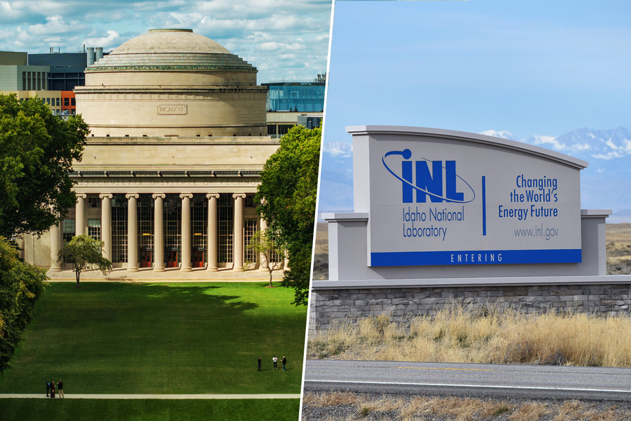 Side-by-side image of MIT's Great Dome building on a sunny day and the entrance sign for Idaho National Laboratory.
