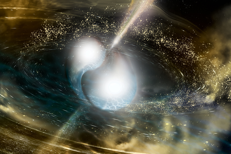 Artistic rendering of two neutron stars merging, with swirling gravitational waves, a bright energy jet, and golden debris scattered across a dark cosmic background.