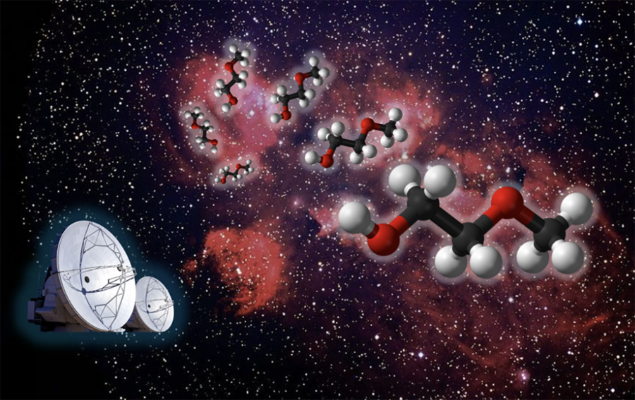 Illustration of 3D molecular models of a newly detected organic molecule floating in a red interstellar nebula, with radio telescope dishes in the lower left representing the spectroscopic detection method.