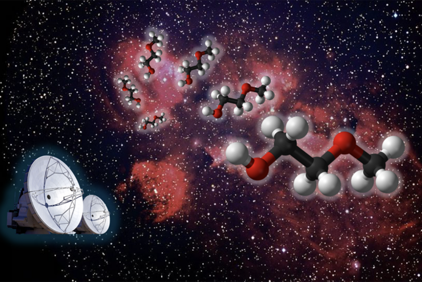 Illustration of 3D molecular models of a newly detected organic molecule floating in a red interstellar nebula, with radio telescope dishes in the lower left representing the spectroscopic detection method.