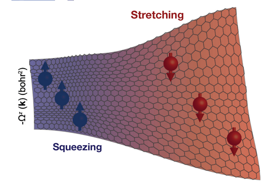 Scientific diagram of a strained honeycomb lattice illustrating quantum magnetic behavior, with blue paired-spin particles on the compressed left side and red unpaired-spin particles on the stretched right side, labeled "Squeezing" and "Stretching."