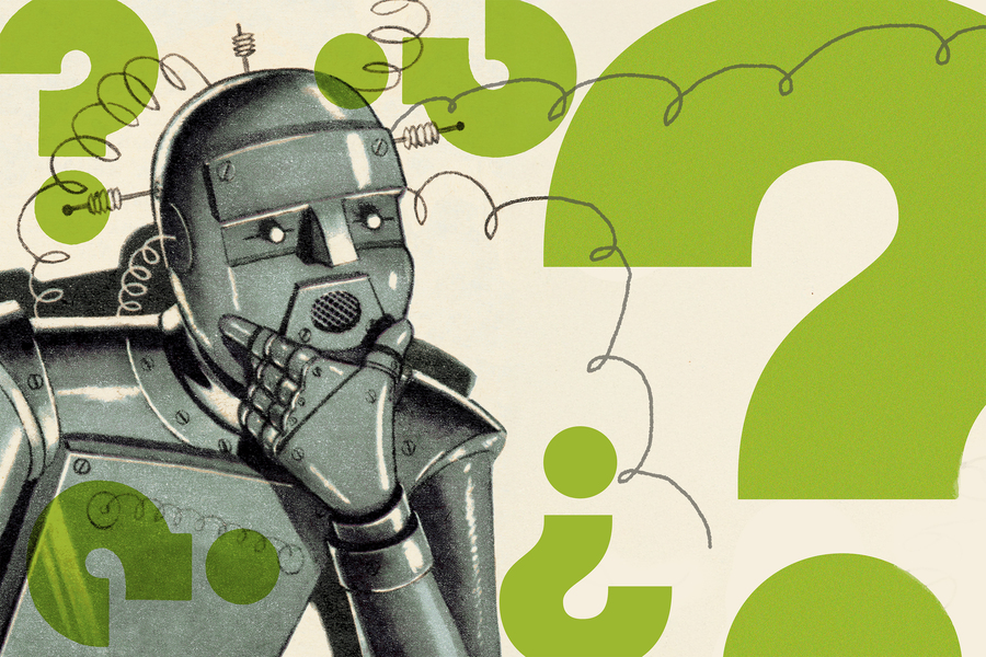 Retro-style illustration of a metallic robot resting its chin on its hand in a thinking pose, surrounded by large green question marks on a cream background, representing AI uncertainty and robot decision-making.