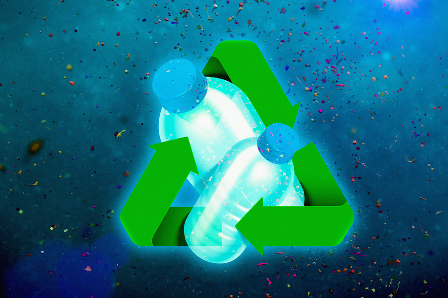 An illustration of a glowing blue plastic bottle inside a green recycling symbol, surrounded by scattered microplastic particles on a teal background.