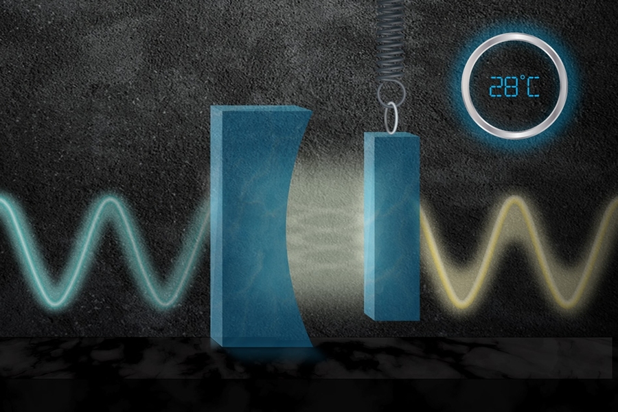 An illustration of two blue rectangular panels connected by a spring, flanked by glowing sine waves and a circular display reading 28°C, set against a dark textured background.