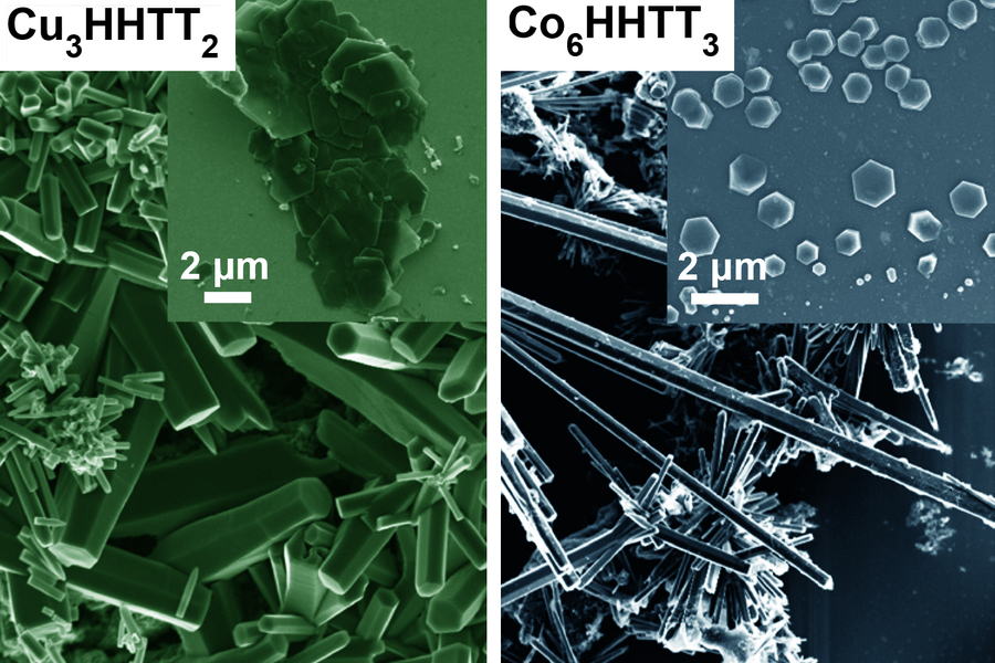 Side-by-side false-color scanning electron microscope images comparing the rod-like crystal structures of Cu₃HHTT₂ in green and the needle-and-hexagonal-plate morphology of Co₆HHTT₃ in blue, each at 2-micron scale.