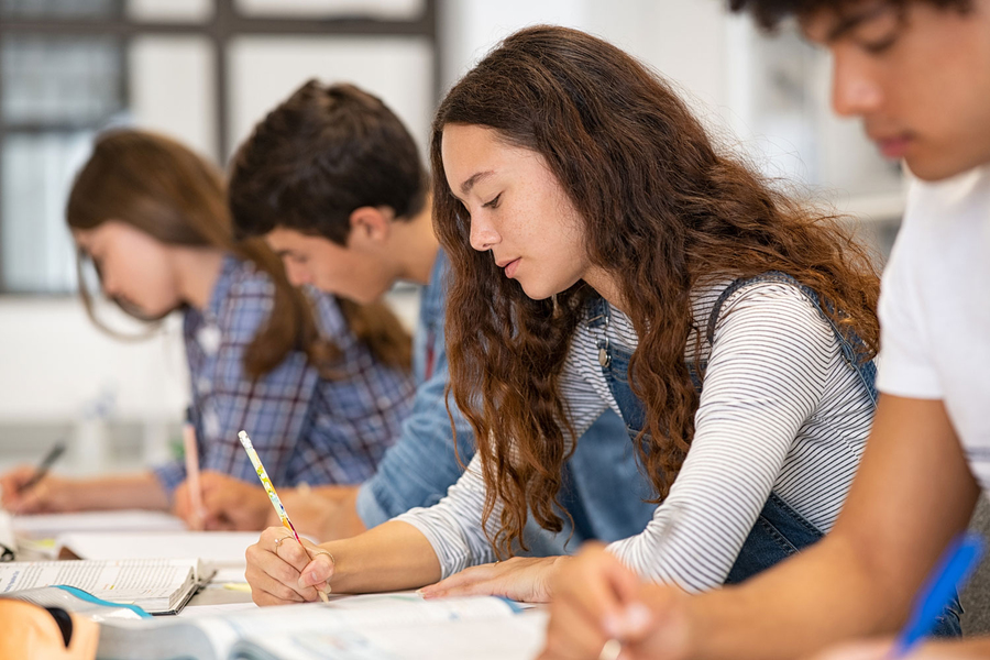 High school students seated at desks write in notebooks during class, with a curly-haired student in the foreground focused on her work.