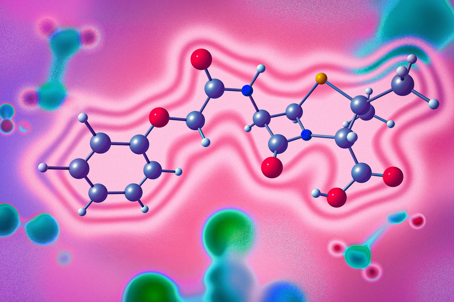A 3D ball-and-stick molecular model floats against a vibrant pink and teal abstract background with soft blurred shapes.