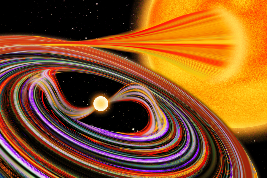 Artistic rendering of a white dwarf star pulling streams of matter from a companion red giant star, forming a swirling multicolored accretion disk of purple, orange, and red against a black starfield.