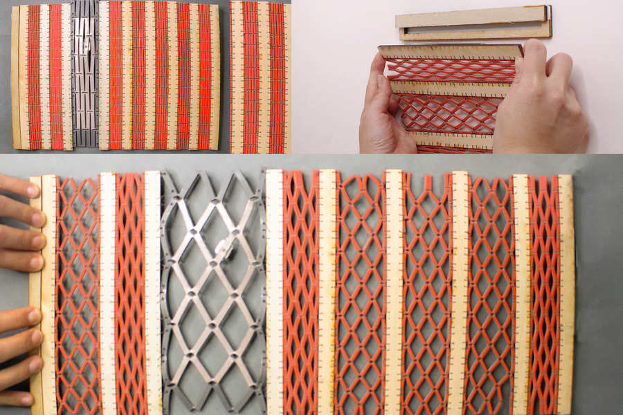 A four-panel composite showing flexible lattice structures made of red and gray interlocking mesh material being stretched and handled by hand.
