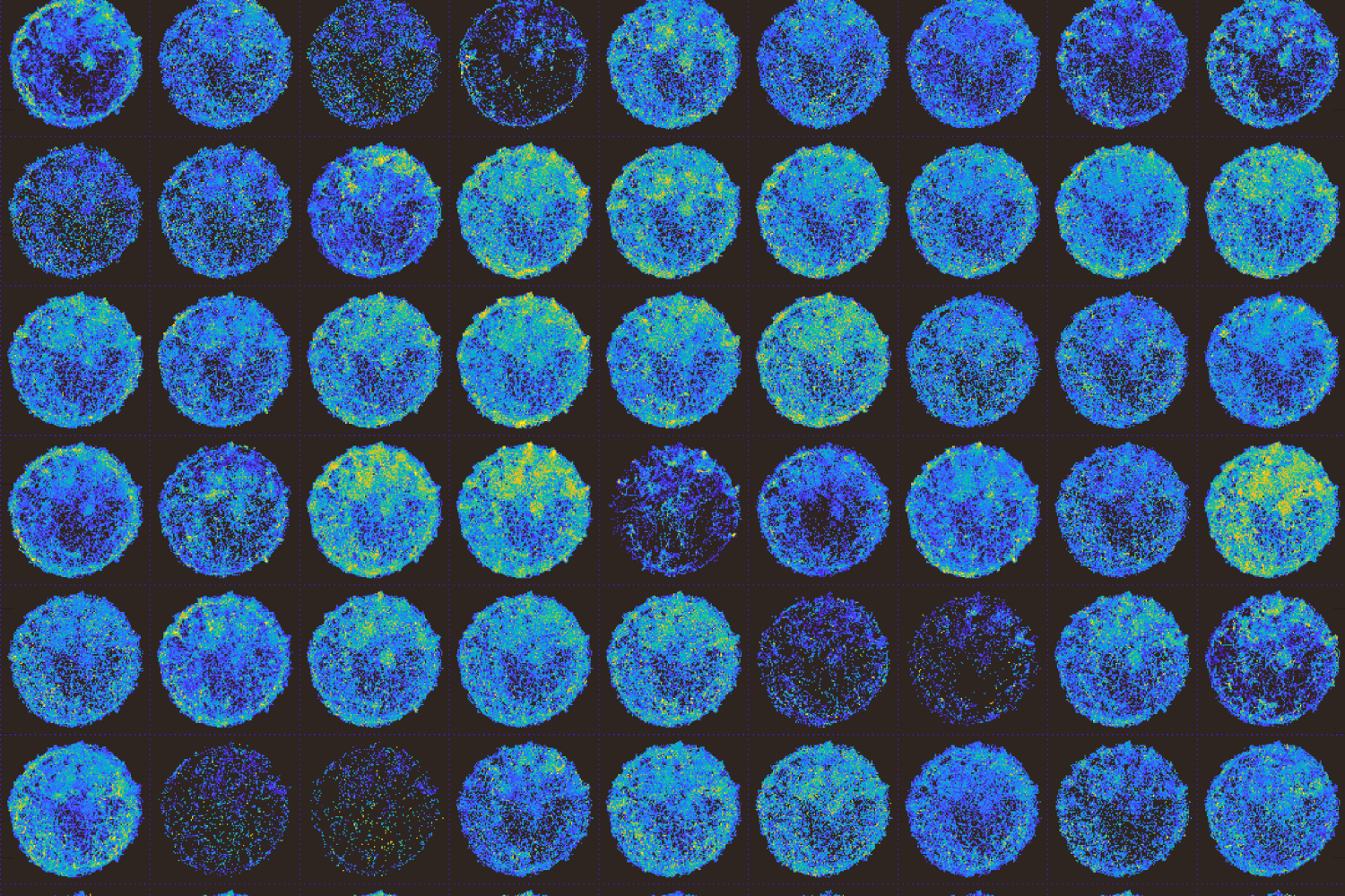 Grid of approximately 56 circular false-color maps in blue, teal, and green against a black background, depicting variations in cosmic microwave background radiation or similar astrophysical data.
