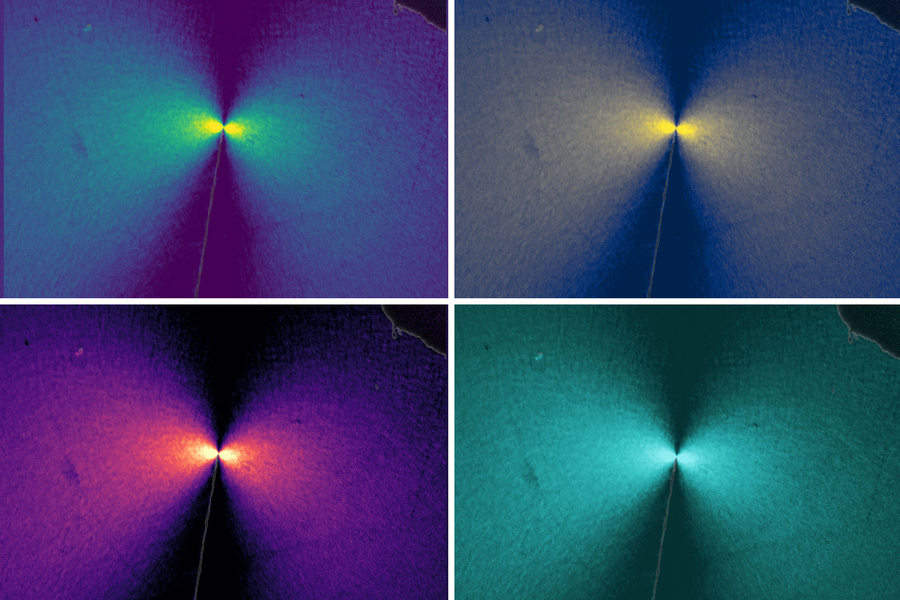 Four-panel false-color microscopy image grid showing bright radiating stress patterns at a crack tip in a solid-state battery material, shown in purple, blue, red, and teal.