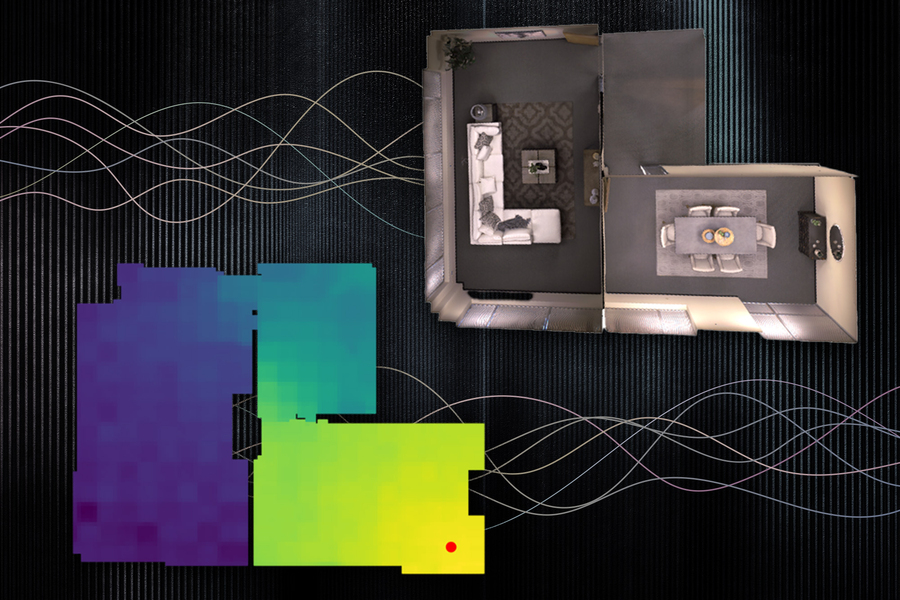 Composite illustration showing a top-down floor plan of an apartment alongside a color-gradient acoustic signal map and overlapping sound wave lines on a dark background