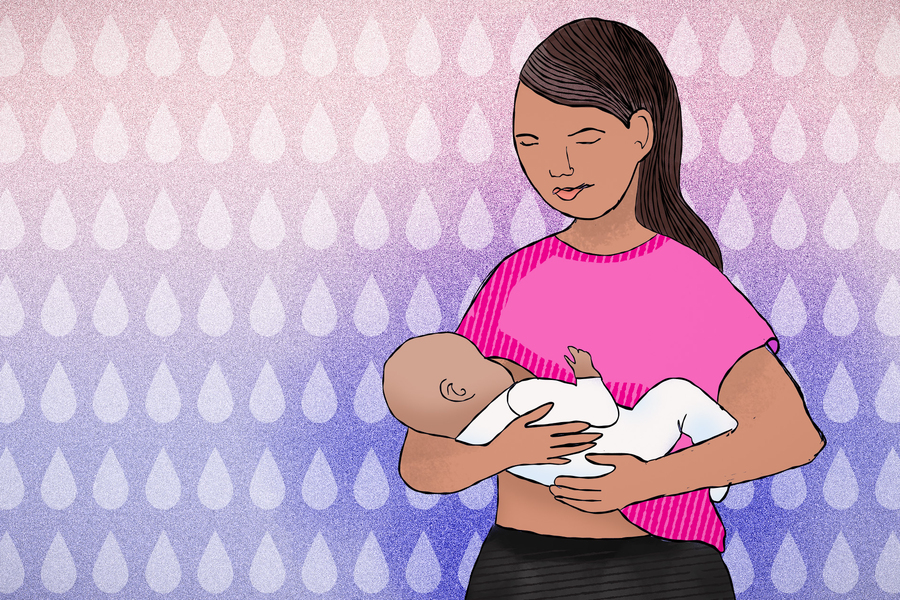 Illustrated figure of a woman in a pink shirt breastfeeding an infant against a pink-to-lavender gradient background patterned with white droplet shapes.