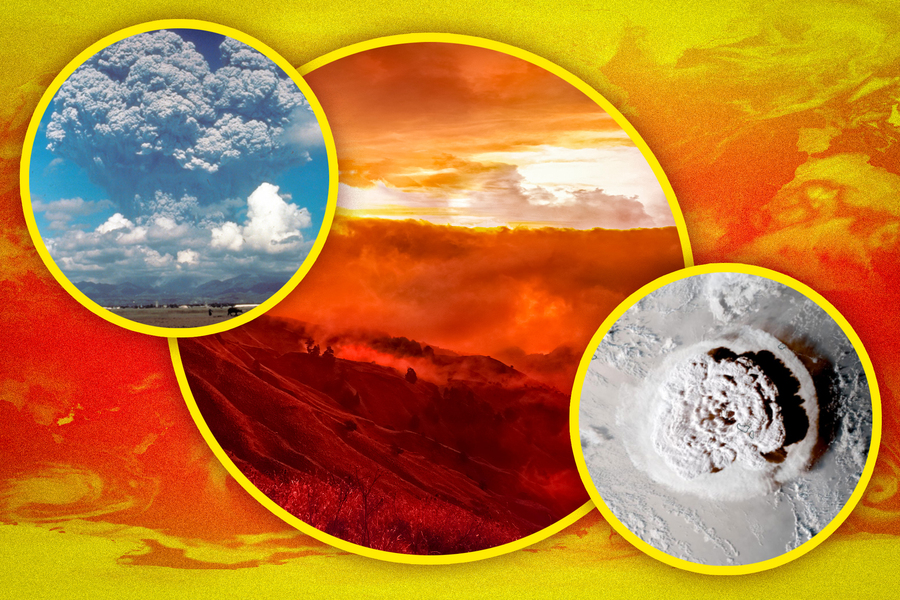 Editorial composite of three volcanic eruption images — an ash plume, a fiery landscape, and a satellite overhead view of a crater — set against a red and yellow heat-map background representing volcanic climate forcing research.