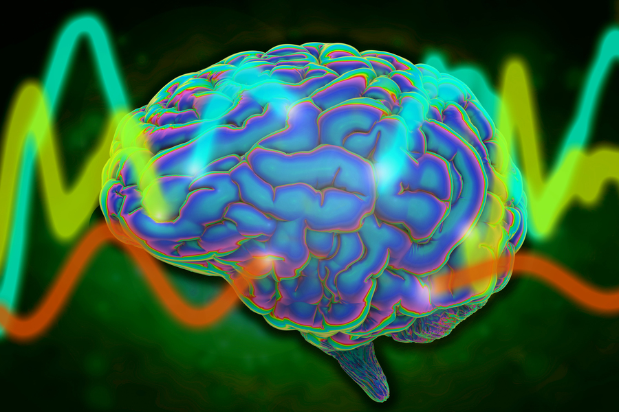 Colorful 3D rendering of a human brain with glowing blue and purple cortical folds overlaid on yellow, teal, and orange brainwave frequency lines on a dark green background.