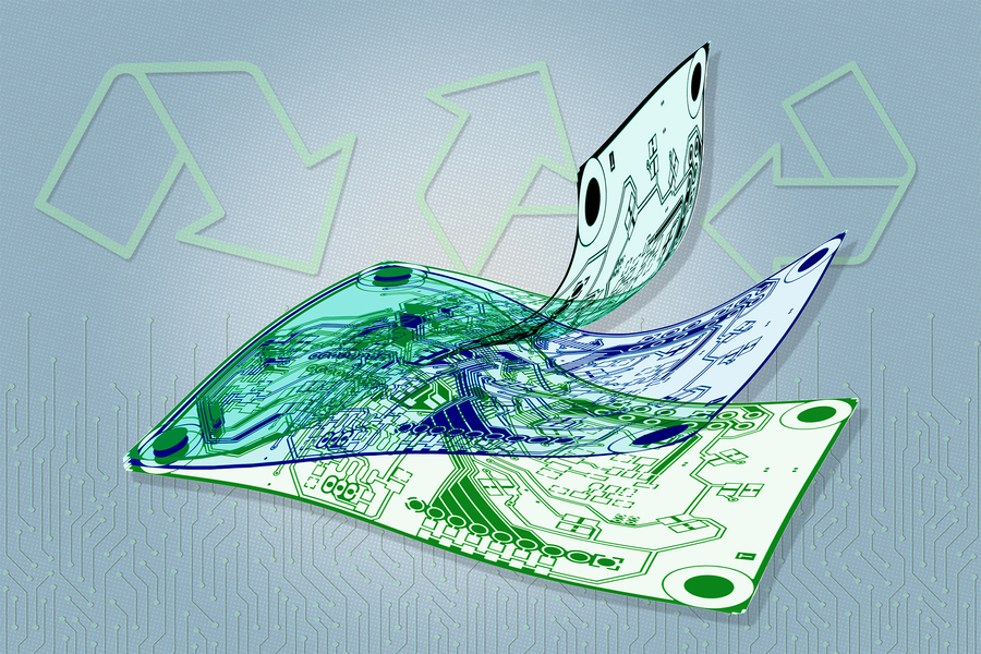 Editorial illustration of layered flexible printed circuit boards peeling apart and curling upward against a gray background with recycling arrow outlines, representing sustainable electronics substrate materials research