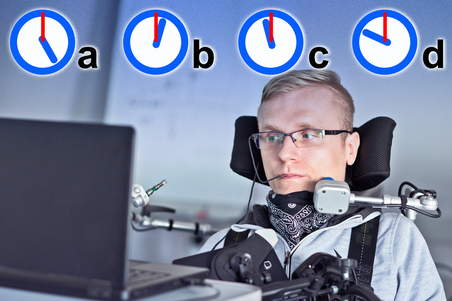 A person using a power wheelchair with assistive technology works at a laptop, with four clock-face icons labeled a through d overlaid above.