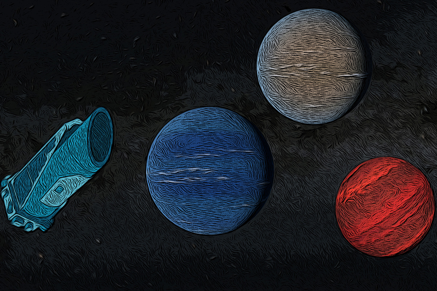 Stylized illustration of the Kepler space telescope observing three textured exoplanets in blue, gray, and red against a dark swirling background, representing the telescope's final observations.