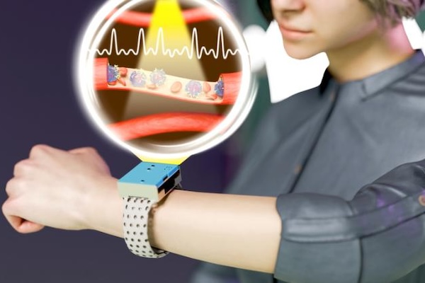 An illustration of a person wearing a smartwatch. A holographic display shows a bloodstream with virus-like particles and a heartbeat waveform.