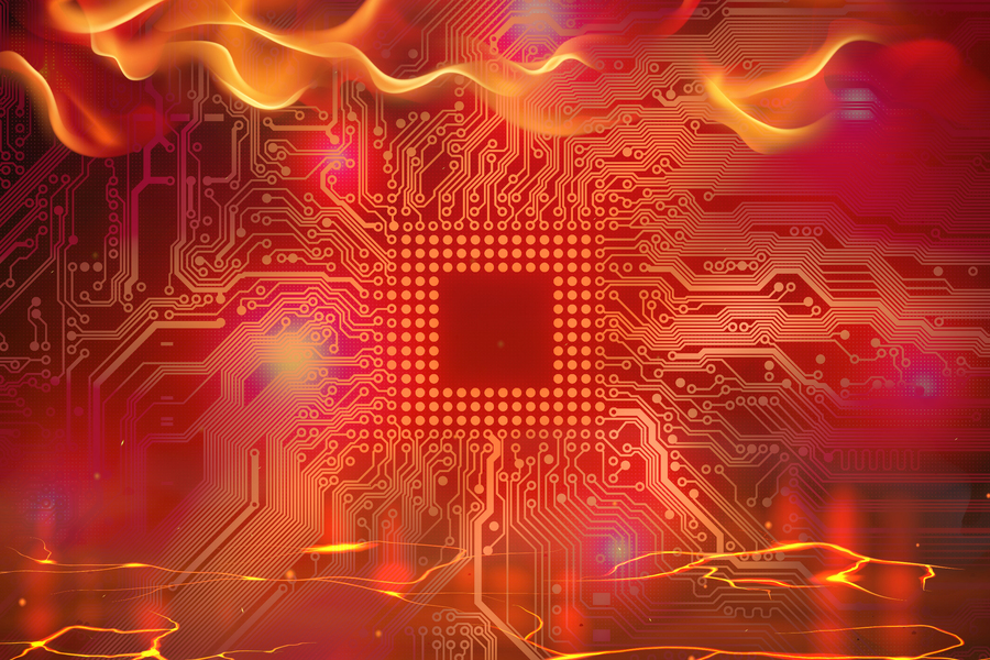 Illustration of a glowing red circuit board with a central processor chip surrounded by heat-distortion flames and lava-like cracks, representing thermal challenges in electronics.